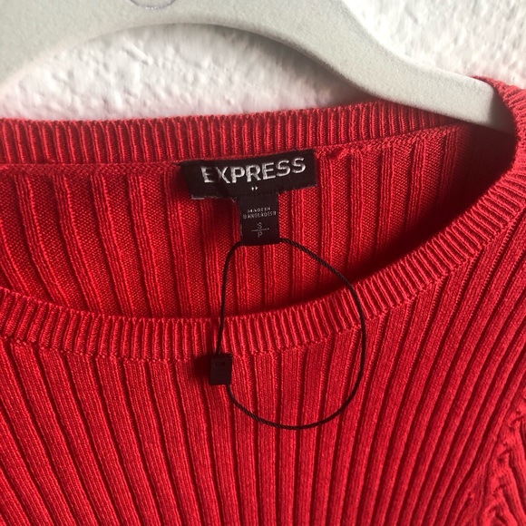 Ribbed salmon orange red 3/4 sleeve sweater blouse - Picture 4 of 7